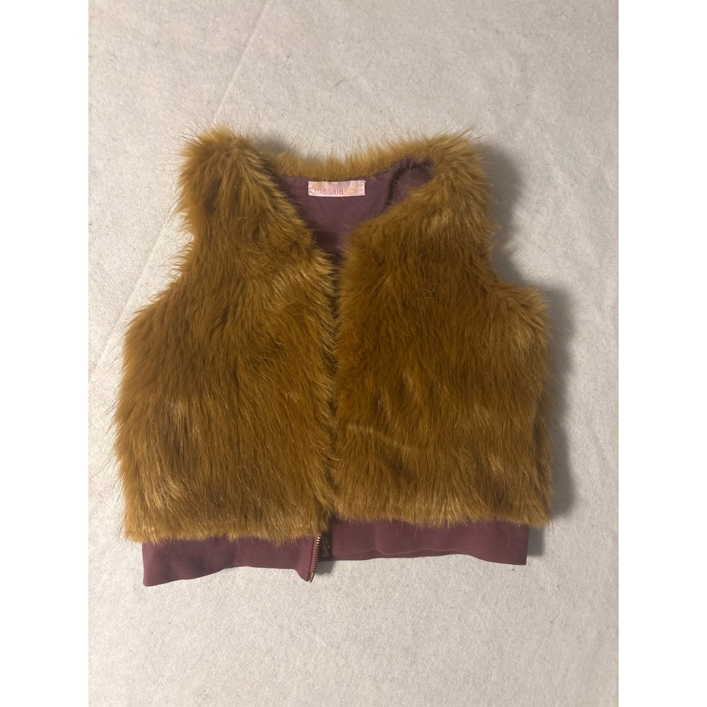 Masala Kids Reversible Faux Fur Vest Brown Zip Front Girls Sz pit to pit 30
